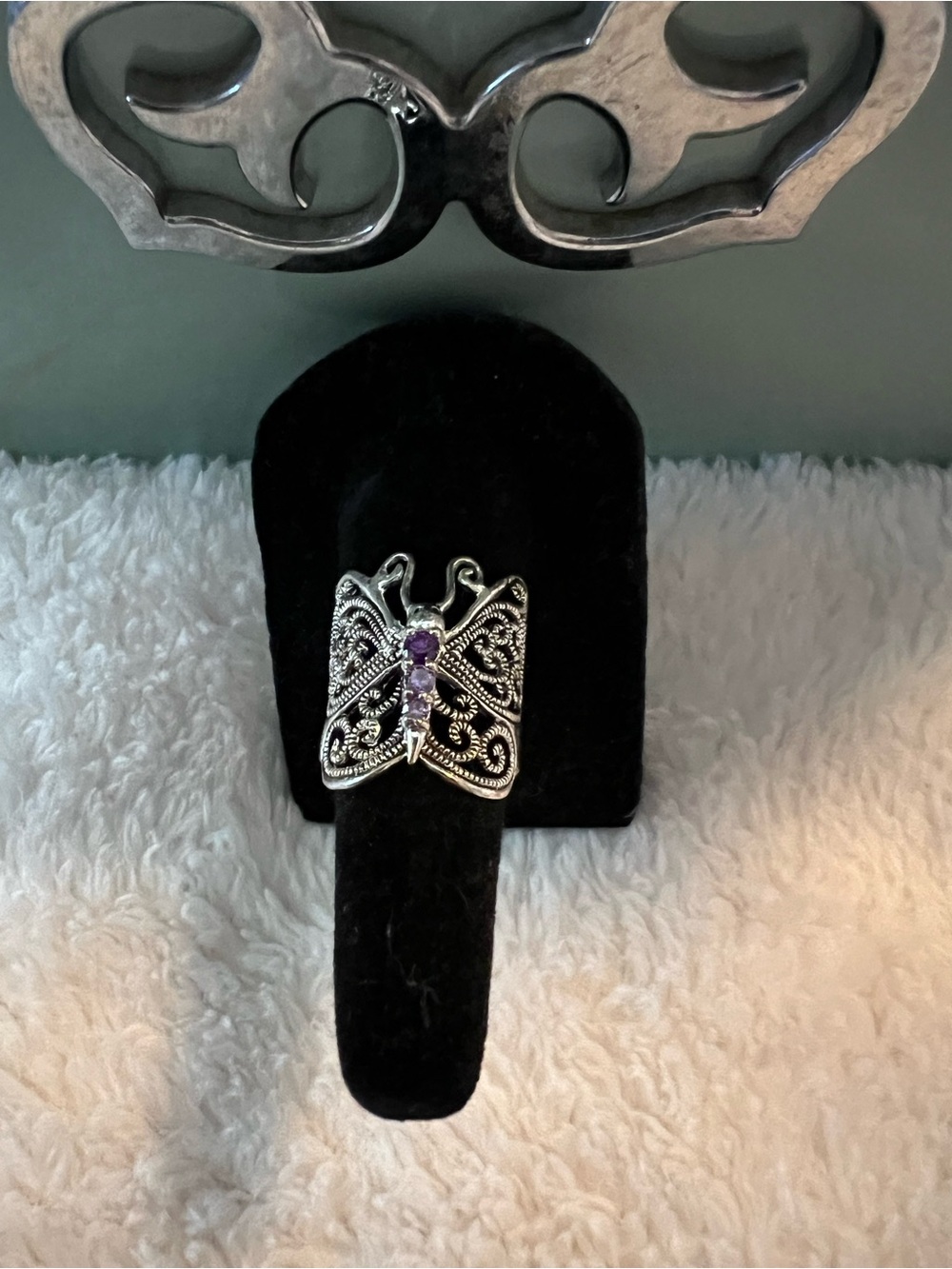 CW Vintage Sterling-Silver Butterfly Statement Ring w Amethyst Gemstones